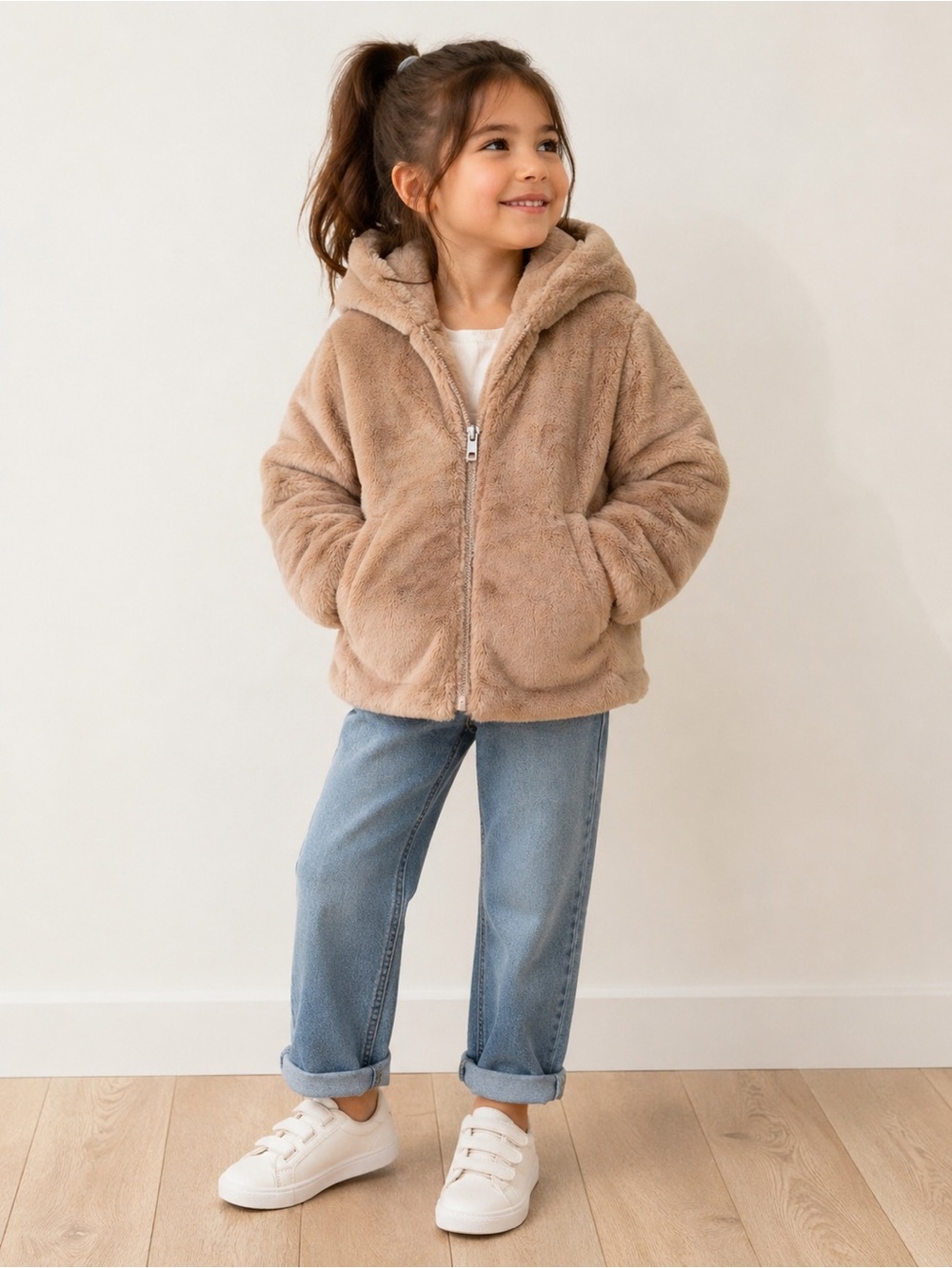 Zara Kids Tan Faux Fur Hooded Jacket Size 13-14 Cozy Puffer Neutral